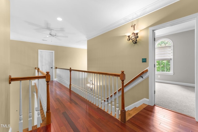 7212 Donneeford Rd, Wake Forest, NC 27587 - hallway featuring an upstairs landing, ornamental molding, wood-type flooring, baseboards, and recessed lighting