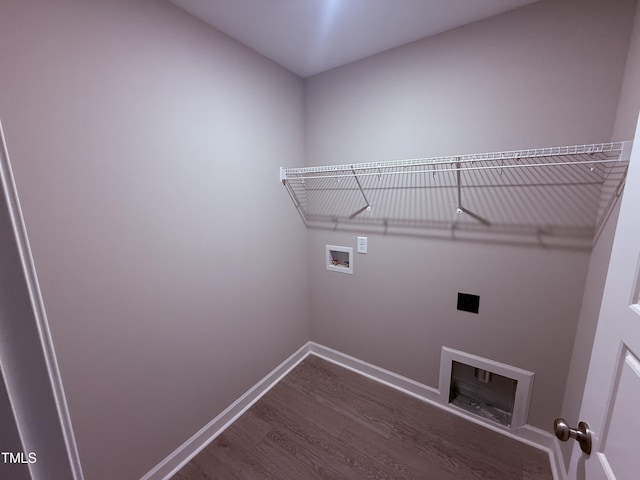 72 Ruskin Dr, Smithfield, NC 27577 - laundry area with electric dryer hookup, dark wood-style flooring, washer hookup, and baseboards