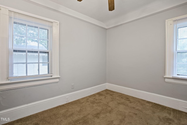 empty room with plenty of natural light, carpet flooring, baseboards, and ceiling fan