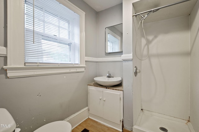 bathroom featuring vanity, wood finished floors, toilet, and a shower stall