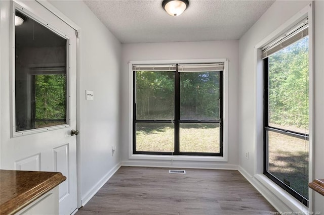 interior space featuring visible vents, a textured ceiling, wood finished floors, and a healthy amount of sunlight