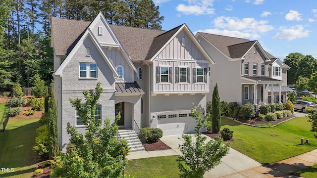 view of front facade featuring board and batten siding, concrete driveway, an attached garage, a front lawn, and a shingled roof