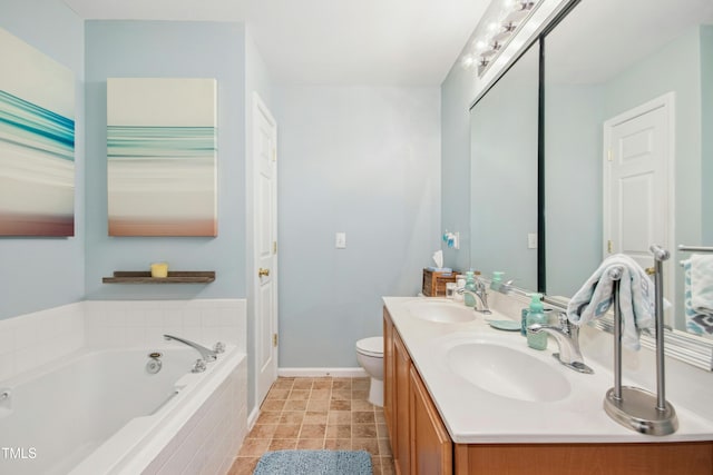 full bath featuring a sink, baseboards, a garden tub, and double vanity