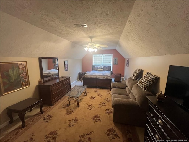 3418 Rudland Ct, Fayetteville, NC 28304 - bedroom with a textured ceiling, lofted ceiling, carpet flooring, and a ceiling fan