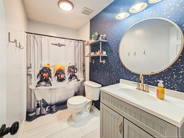 6314 Greycliff Dr, Fayetteville, NC 28314 - full bathroom featuring wallpapered walls, tile patterned flooring, toilet, vanity, and a textured ceiling