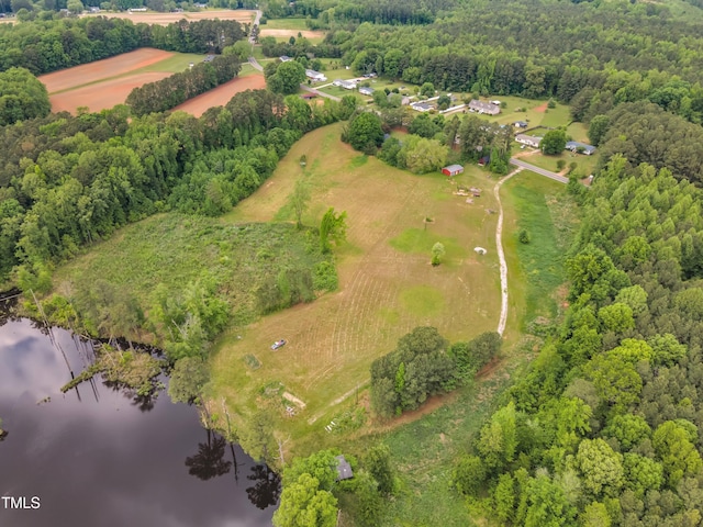 bird's eye view with a water view, a rural view, and a wooded view