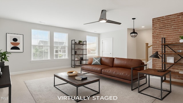 1073 Branch Line Ln, Apex, NC 27502 - carpeted living area featuring baseboards, a ceiling fan, recessed lighting, and stairway