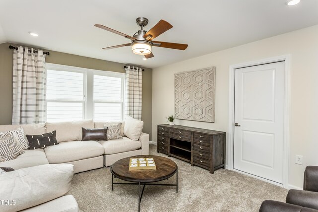 1606 Garden Park Cir, Fuquay Varina, NC 27526 - living area with light colored carpet, ceiling fan, recessed lighting, and baseboards