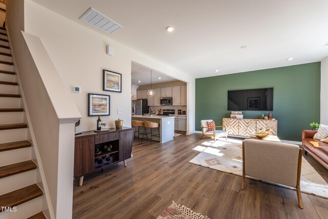 LOT5 Cooper St, Sanford, NC 27330 - living room with recessed lighting, visible vents, stairway, and dark wood finished floors