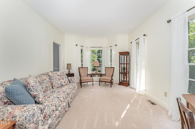 carpeted living room featuring crown molding