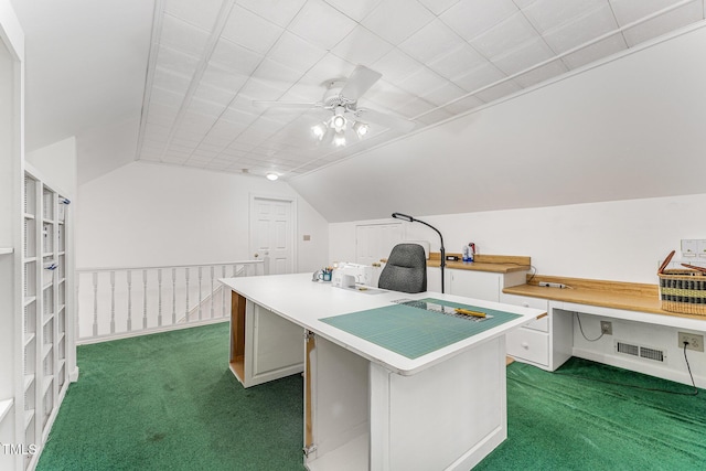 office featuring carpet floors, a ceiling fan, and lofted ceiling