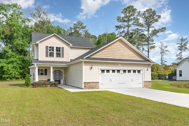 105 Forest Wood Dr, Salemburg, NC 28385 - craftsman inspired home featuring a front yard, a shingled roof, stone siding, concrete driveway, and an attached garage