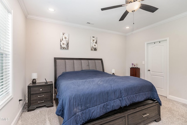 105 Forest Wood Dr, Salemburg, NC 28385 - bedroom with recessed lighting, visible vents, light carpet, baseboards, and ornamental molding