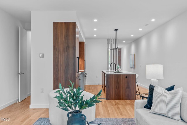 interior space with baseboards, a sink, light wood finished floors, and recessed lighting