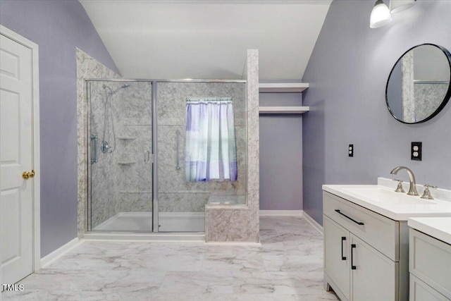 1480 Big Leaf Loop, Apex, NC 27502 - full bath with vaulted ceiling, a shower stall, vanity, baseboards, and marble finish floors