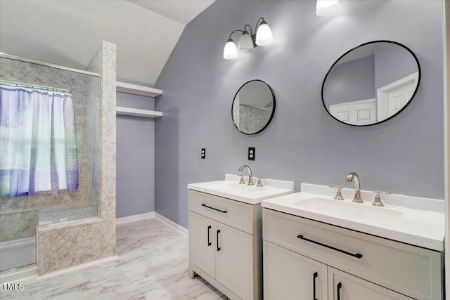 1480 Big Leaf Loop, Apex, NC 27502 - bathroom with lofted ceiling, two vanities, a shower, and marble finish flooring