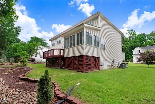 1480 Big Leaf Loop, Apex, NC 27502 - rear view of property with crawl space, a lawn, central air condition unit, and a wooden deck
