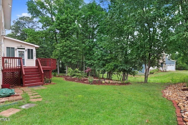 1480 Big Leaf Loop, Apex, NC 27502 - view of green lawn with a wooden deck and stairway
