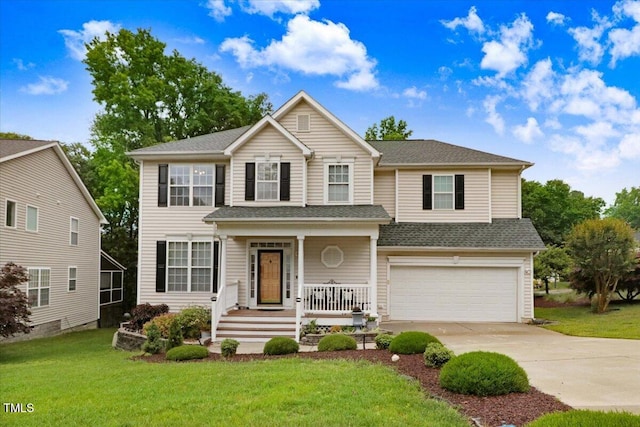1480 Big Leaf Loop, Apex, NC 27502 - traditional home featuring a garage, driveway, a front lawn, covered porch, and roof with shingles