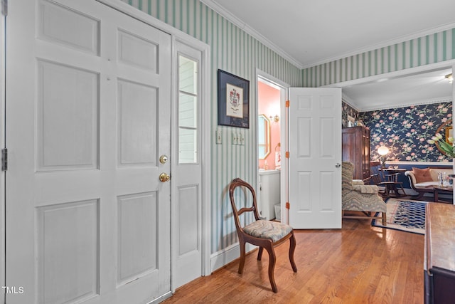 113 Denard St, Oxford, NC 27565 - foyer featuring wallpapered walls, wood finished floors, and crown molding