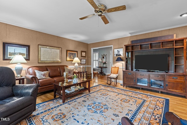 113 Denard St, Oxford, NC 27565 - living room featuring wood finished floors, a ceiling fan, and crown molding