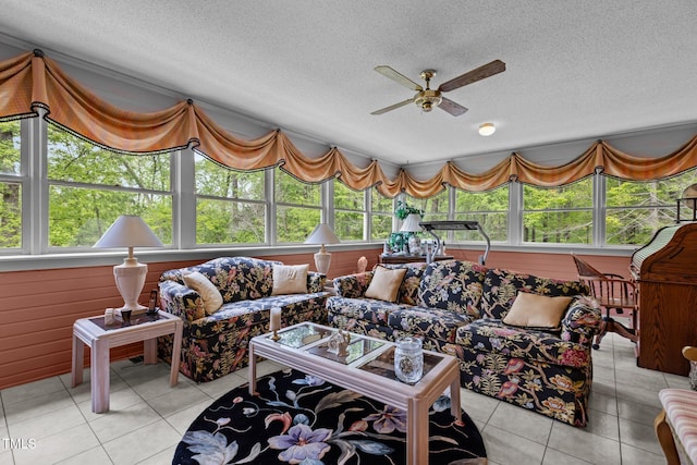 113 Denard St, Oxford, NC 27565 - living room featuring light tile patterned floors, a ceiling fan, and a textured ceiling