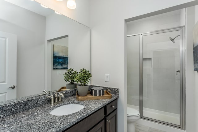 full bath with toilet, a stall shower, and vanity