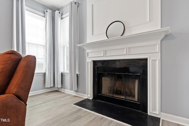 detailed view of a fireplace, wood finished floors, and baseboards