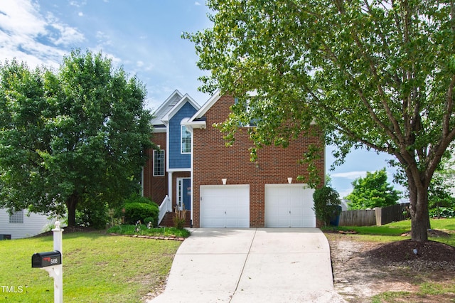 traditional home featuring concrete driveway, brick siding, and an attached garage