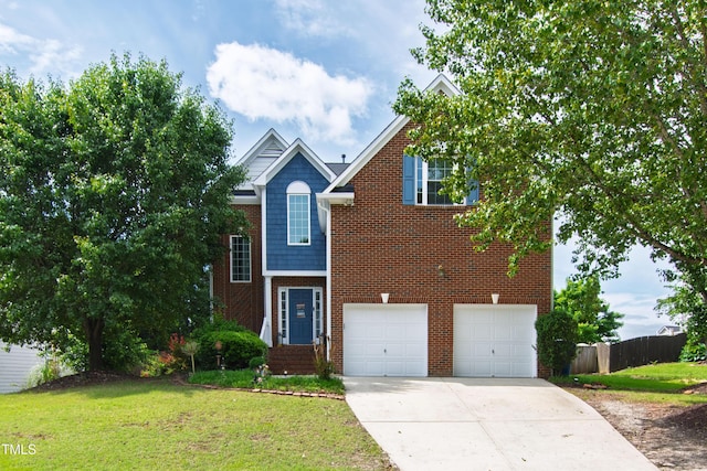 traditional-style home featuring concrete driveway, brick siding, and a garage