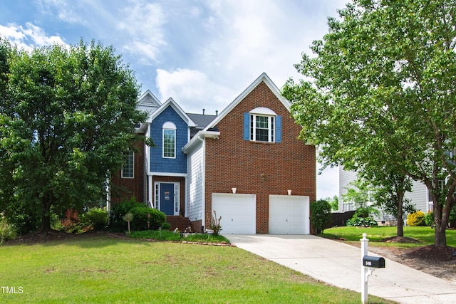 traditional-style home featuring concrete driveway, a garage, a front lawn, and brick siding