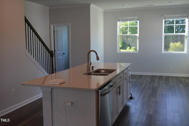 kitchen with a sink, light countertops, dark wood-type flooring, and dishwasher