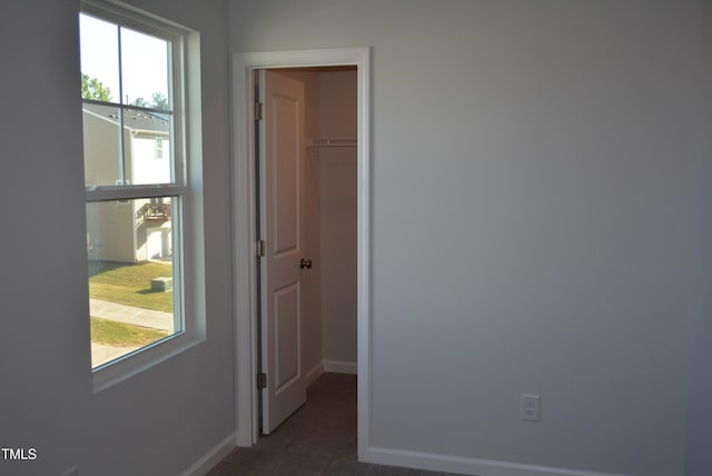 interior space with baseboards, a walk in closet, a closet, and dark colored carpet