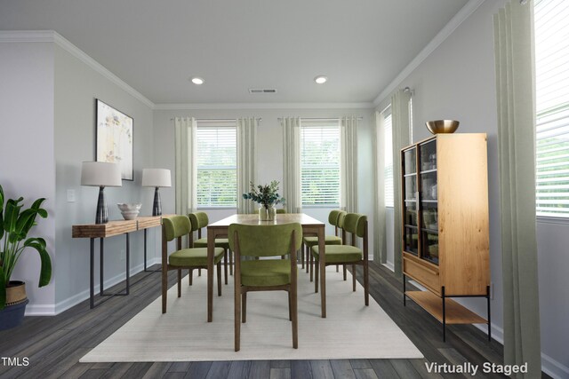 2401 Laurel Valley Way, Raleigh, NC 27604 - dining room featuring dark wood-style floors, crown molding, recessed lighting, and baseboards