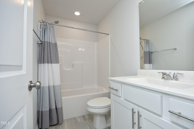 2401 Laurel Valley Way, Raleigh, NC 27604 - full bathroom featuring toilet, vanity, shower / bathtub combination with curtain, wood finished floors, and recessed lighting