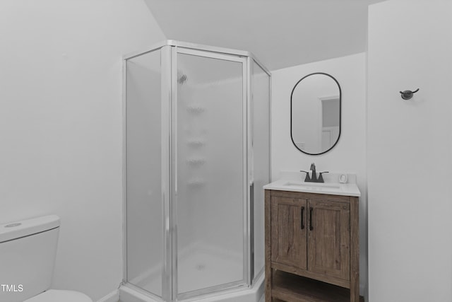 full bath with vanity, a stall shower, and toilet