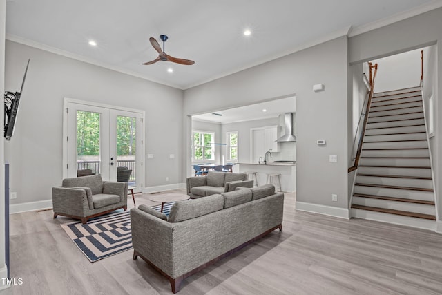 59 Mill Rd, Pittsboro, NC 27312 - living room with stairs, recessed lighting, ceiling fan, ornamental molding, and baseboards
