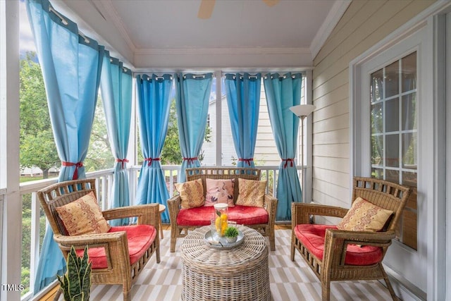 1012 Delta River Way, Knightdale, NC 27545 - sunroom / solarium with ornamental molding, an outdoor living space, wooden walls, and a ceiling fan