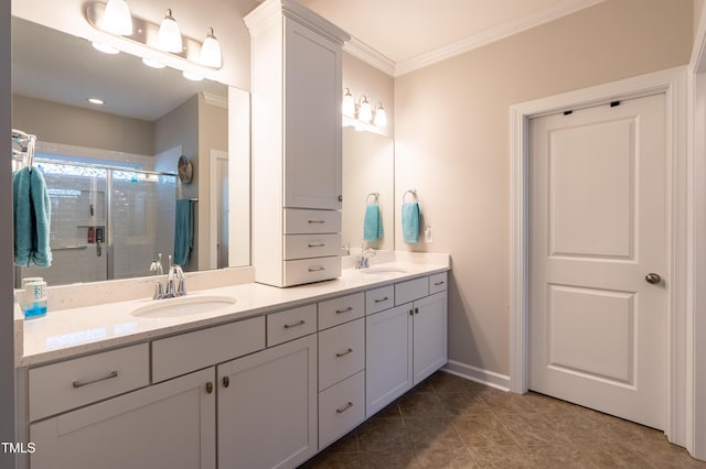 1013 Chelsea Run Ln, Apex, NC 27502 - bathroom featuring double vanity, a shower stall, ornamental molding, baseboards, and tile patterned flooring