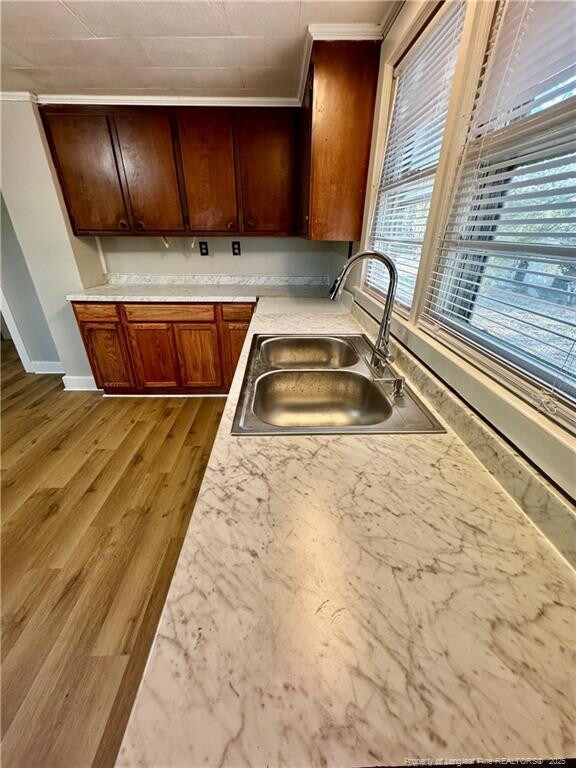 kitchen featuring crown molding, a sink, a wealth of natural light, and wood finished floors