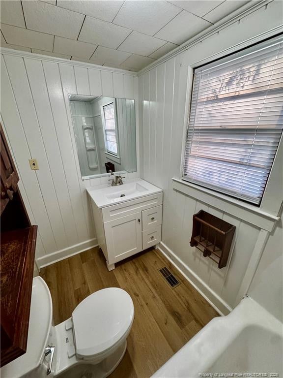 bathroom with baseboards, visible vents, wood finished floors, and vanity