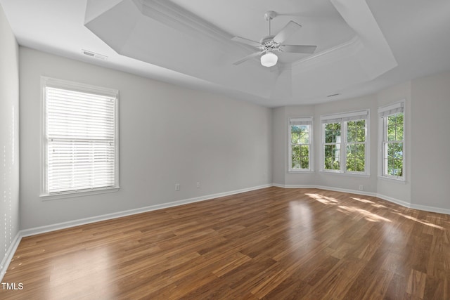 spare room with baseboards, wood finished floors, and a raised ceiling