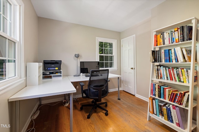 office with baseboards and wood finished floors
