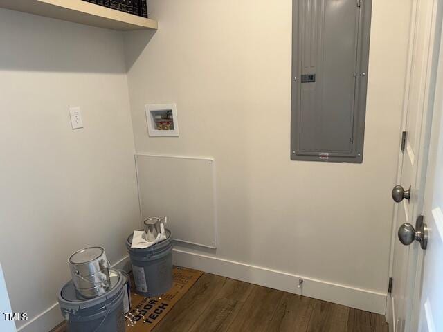 clothes washing area with electric panel, baseboards, hookup for a washing machine, dark wood-type flooring, and laundry area