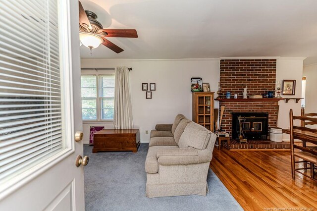 living area featuring ornamental molding, ceiling fan, wood finished floors, and a fireplace