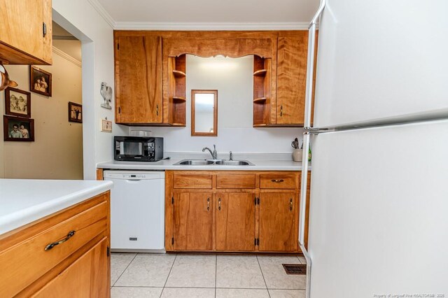 kitchen featuring light tile patterned floors, open shelves, a sink, light countertops, and white appliances
