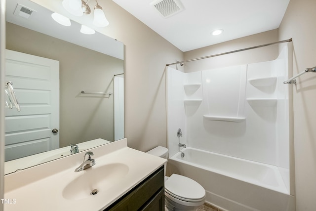 full bath with toilet, visible vents, bathing tub / shower combination, and vanity