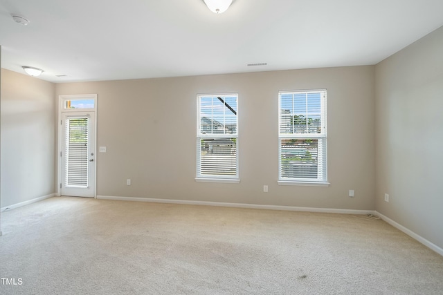 spare room featuring baseboards, a wealth of natural light, and light carpet