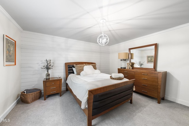 bedroom with a notable chandelier, light colored carpet, and ornamental molding