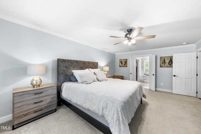 bedroom with crown molding, baseboards, light carpet, and a ceiling fan